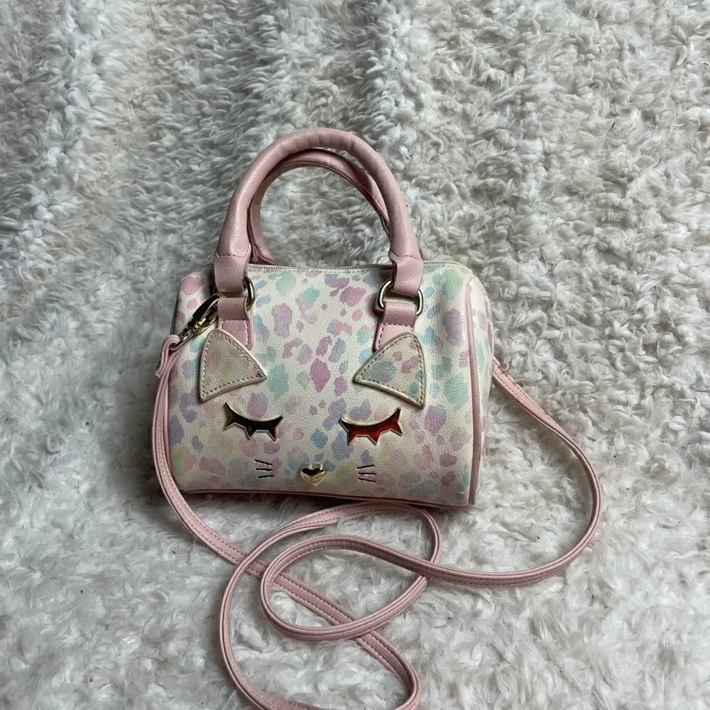 Betsey Johnson  mini Barrel bag marble pink,beige & blue pink straps gold accent